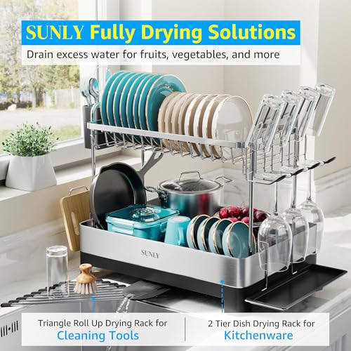 2 Tier Dish Drying Rack, Extra Large Dish Rack, Multifunctional Large Dish Drainers for Kitchen Counter, 304 Stainless Steel Kitchen Drying Rack, Bowl Drying Rack, Extendable Drain Spout, Black