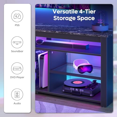Bestier TV Stand for 70 inch TV, Tall Entertainment Center with 2 Led Lights, Gaming TV Console with Storage for PS5, Modern TV Cabinet for Bedroom, Living Room, Black Marble