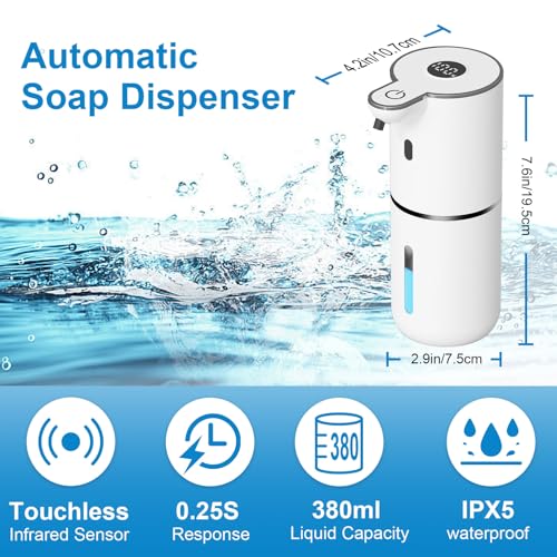 Automatic Liquid Soap Dispenser Touchless, USB Rechargeable Smart Hand Soap Dispenser, 6-Level Adjustable, 12.8oz/380mL Wall Mounted for Bathroom Kitchen Accessories Dish Soap-White