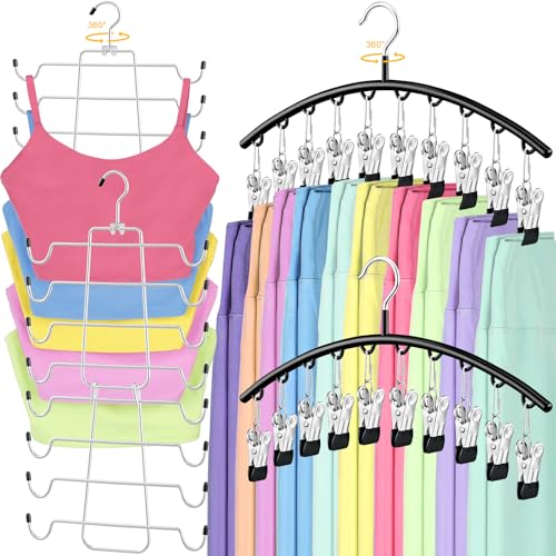 TomCare 4 Pack Space Saving Hangers, 2 Tank Top and 2 Leggings Organizers | 360° Swivel Design, 20 Clips for Leggings and Yoga Pants, Stainless Steel Hanging Closet Organizer