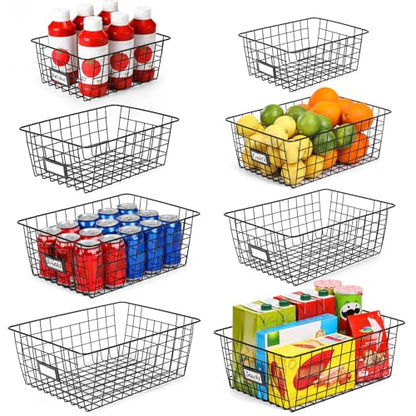 8 Set, Extra Large Wire Baskets for Organizing with Lables, Cabinet Pantry Organization and Storage Bins - Metal Basket for Kitchen, Laundry, Garage, Fridge, Bathroom Countertop Organizer, Black