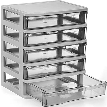 5 Drawer Desktop Storage Bin Unit, Small Plastic Organizer, White Frame with Clear Drawer, Mini Container Case for Desk, Storing Craft, Accessory, Stationery