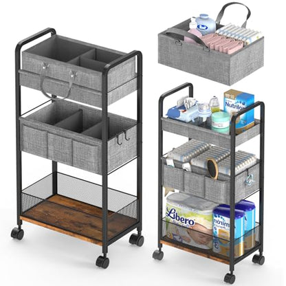 2In1 Baby Diaper Caddy & 3-Tier Rolling Diaper Cart, Diaper Caddy Organizer Cart with Dividers, Mobile Metal Utility Cart for Nursery Essentials, Detachable Bedside Cart, Large Capacity