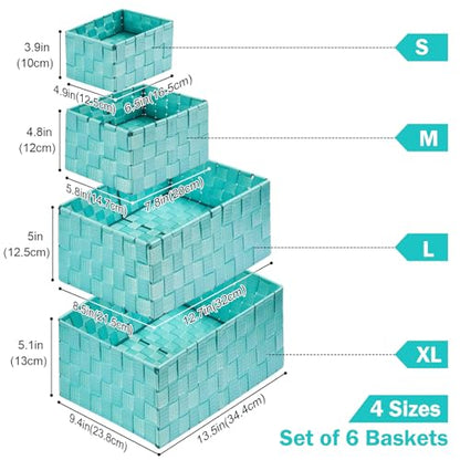 Storage Baskets with Lids: 6 Pack Stackable Woven Storage Bins, Aqua | Decorative Woven Baskets for Organizing with Built-In Handles for Shelves, Closets, Cabinets and Cubbies, Gift Small Basket