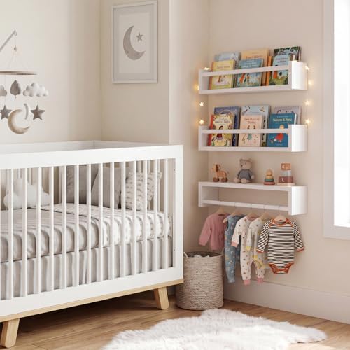 Fixwal Floating Nursery Book Shelves for Wall, 16.5in, Set of 3, White | Solid wood shelves store kids' books, toys and clothing. Fits kids' room, playroom, nursery, living room, bedroom & bathroom.