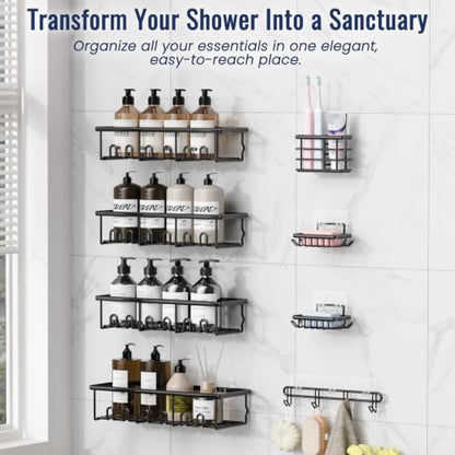 8 Pack Adhesive Rustproof Shower Caddy with Soap Dishes, Toothbrush Holder & Hooks, Large Capacity No-Drilling Shower Shelves Rack for Bathroom Organizers and Storage Accessories, Black