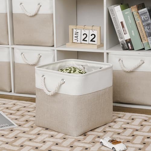 MidmmVick 13 x 13 Inch Cube Storage Bins, 6 Pack Extra Large Collapsible Fabric Storage Bin with Ropes, Foldable Storage Cubes for Home (White & Beige-13"x13"x13")
