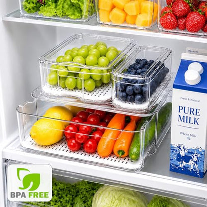 Clear Fridge Bins with Drain Trays - BPA-Free PET, Stackable(6 Pack)