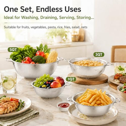TeamFar Colander Set of 3, Stainless Steel Perforated Colander Strainer | Metal Food Strainer for Draining/Washing/Rinsing Pasta Vegetables Fruits, Healthy, Sturdy & Dishwasher Safe - 1/3/5 Quart