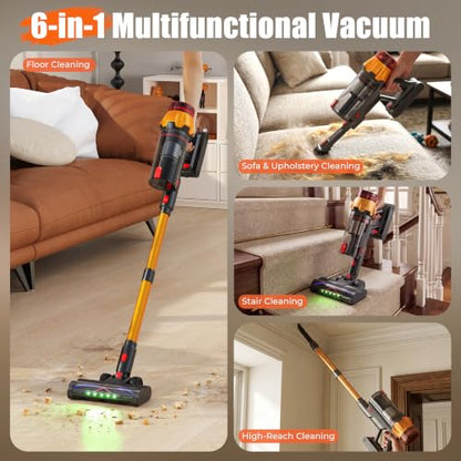 Cordless Vacuum Cleaner for Home, 55Kpa Suction, Up to 70-Min Runtime, Gold | 600W Bushless Motor, Self-Standing, Touch Screen, 1.8L Dust Cup, Anti-tangle Vacuum Cleaners for Pet Hair, Carpet, Hard Floor