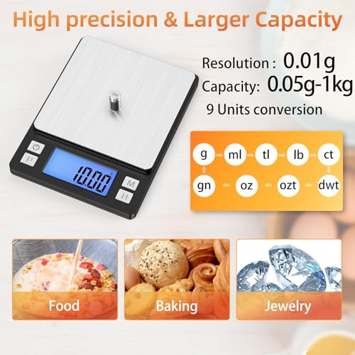 BOMATA 0.01g Small Digital Gram Scale, Upgraded 1kg Jewelry Scale | USB Rechargeable, Larger Display, Hold Function, High Precision, Grams and Ounces for Herb, Coin, Powder,Yeast, Kitchen Black