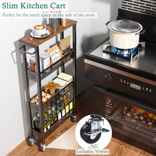 XYZLVSI Utility Slim Storage Cart on Wheels, 4 Tier Laundry Room Organizers | 5" W narrow shelf for small spaces, skinny rolling cart with wooden top and metal handle for kitchen/bathroom/Office/Dorm