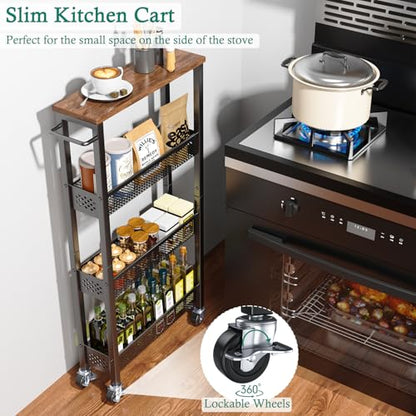XYZLVSI Utility Slim Storage Cart on Wheels, 4 Tier Laundry Room Organizers | 5" W narrow shelf for small spaces, skinny rolling cart with wooden top and metal handle for kitchen/bathroom/Office/Dorm