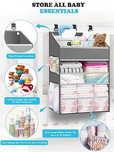 Hanging Diaper Caddy Organizer Crib Organizer–Spacious Baby Girl/Boy Nursery Storage Organizer for Changing Table, Playpen/Wall- Hold 90+ Diaper (Grey)