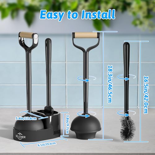 Toilet Brush and Plunger Set, Curved Head Deep Clean, Black 2 Pack | Brush and Plunger set, Curved Nylon Bristles for Deep Clean, Strong Suction Plunger, Ventilated Holder for Quickly Air Dry