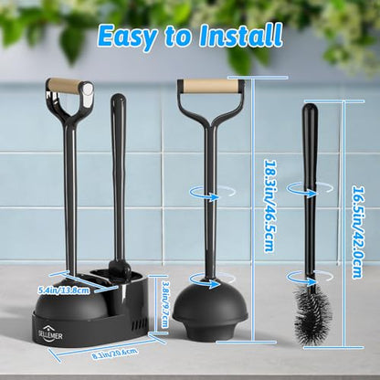 Toilet Brush and Plunger Set, Curved Head Deep Clean, Black 2 Pack | Brush and Plunger set, Curved Nylon Bristles for Deep Clean, Strong Suction Plunger, Ventilated Holder for Quickly Air Dry