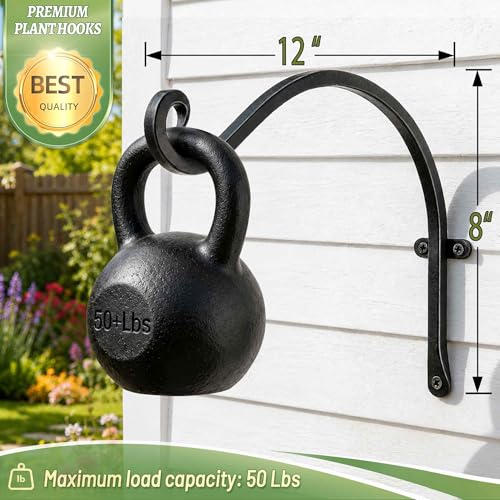 AJART Heavy-Duty Plant Hanger Outdoor: 50 Lbs Wall Mount Bracket Hook | 12 Inch / 2 Pieces Hanging Metal Bracket for Wooden Fence, Rust Proof Solid Iron, Hardware for Brick Wall, Yard Decor