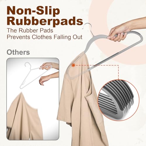 HOUSE DAY Non Slip Plastic Clothes Hangers 60 Pack with Rubber Pads, Grey | Space-Saving 0.2-Inch Slim Design; Heavy-Duty and 360° Swivel Hooks Keep Shirts, Coats, Suit, Blouse and Pants Organized