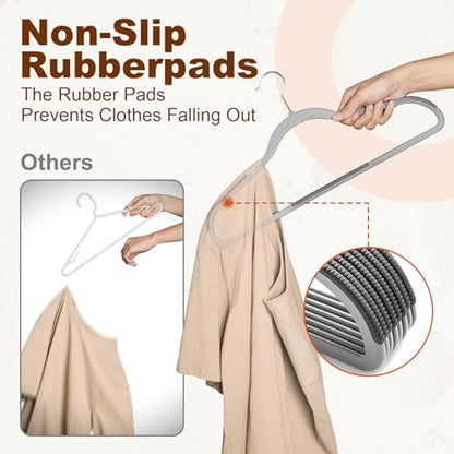 HOUSE DAY Non Slip Plastic Clothes Hangers 60 Pack with Rubber Pads, Grey | Space-Saving 0.2-Inch Slim Design; Heavy-Duty and 360° Swivel Hooks Keep Shirts, Coats, Suit, Blouse and Pants Organized