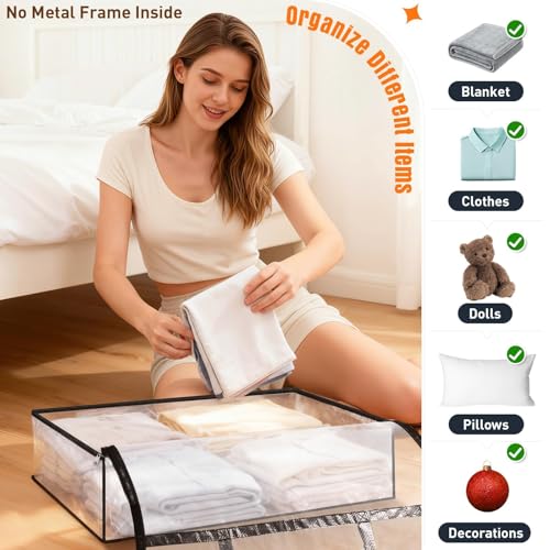 4 Packs 60L Clear Under Bed Storage Containers, Large Clothes Storage Bags | Heavy Duty Large Capacity Foldable Moving Bags with Sturdy Handles, Clothing Organizer Totes for Bedding Comforter Sheet