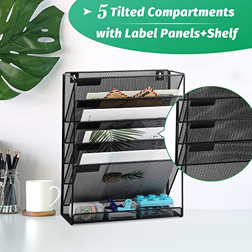 Desk File Organizer Mesh 6-Tier, Hanging Wall Mount Document Organization Stand, Desktop Vertical Mail Paper Folder Holder Rack with Bottom Tray for Office Home Cubicle Countertop, Black