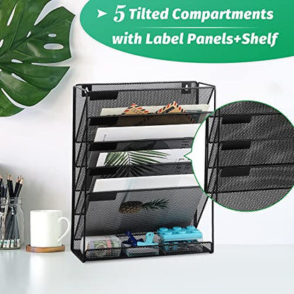 Desk File Organizer Mesh 6-Tier, Hanging Wall Mount Document Organization Stand, Desktop Vertical Mail Paper Folder Holder Rack with Bottom Tray for Office Home Cubicle Countertop, Black