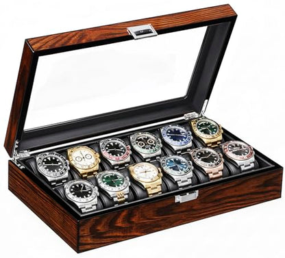 BEWISHOME Watch Case, 12-Slot Watch Box Organizer with Large Glass Lid | Watch Cases for Men, Wooden Watch Boxes, Removable Watch Pillows, Watch Storage, Synthetic Leather Interior, Brown SSH12Y