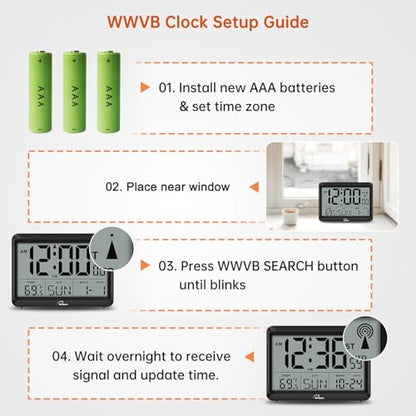 Self-Setting Atomic Digital Wall Clock with Auto DST | Battery Operated, Large Display with Temperature, Date and Day, 4 Time Zones, Wall Mount/Desktop Clock for Classroom, Office