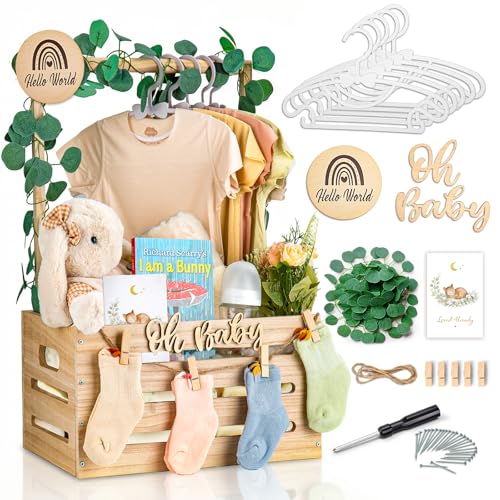 Wooden Baby Shower Crate Closet - Personalized Baby Gift Baskets with Hangers, Large Newborn Boys Girls Clothes Storage Box for Newborn New Parent