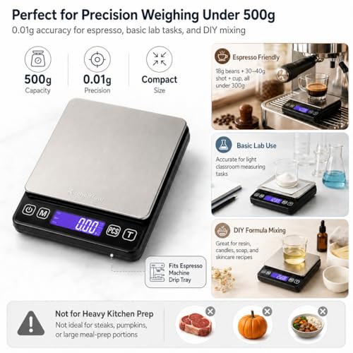 KitchenTour Mini Gram Scale for Coffee, Jewelry and Small Items, 500g x 0.01g Digital Pocket Scale with Tare, 6 Units, Back-Lit LCD, 2 Trays, Black
