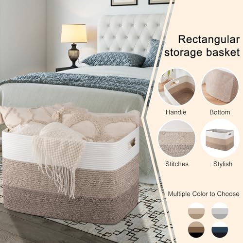 OIAHOMY 118L Extra Large Blanket Basket, Rectangle Woven Cotton Rope Storage Basket,Used for storing Dirty Clothes, Stuffed Animal Toy Storage for Living Room,Kids Room,25" x 17" x 16", Gradient Brown