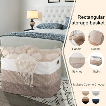 OIAHOMY 118L Extra Large Blanket Basket, Rectangle Woven Cotton Rope Storage Basket,Used for storing Dirty Clothes, Stuffed Animal Toy Storage for Living Room,Kids Room,25" x 17" x 16", Gradient Brown