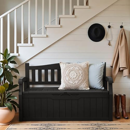 Greesum 80 Gallon Outdoor Storage Bench, Deck Box, Dark Black | Weather-Resistant Patio Furniture Bench for Backyard, Garden, Porch,Seat for Pillows Cushions Patio Accessories