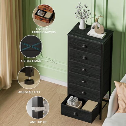 Black Dresser for Bedroom, Tall Fabric Chest of Drawers | Bedroom Dresser with 6 Fabric Bins, Vertical Storage Drawer for Dorm, Organizer in Closet, Living Room, Wood Top, Metal Frame
