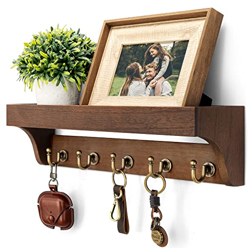 Rebee Vision Key Holder Wall Mount with 5 Hooks for Entryway, Retro Brown | Display Shelf for Plant & Letters, Key Shelf for Hats, Dog Leashes, Mail Organizer, Decorative Entryway & Living Room