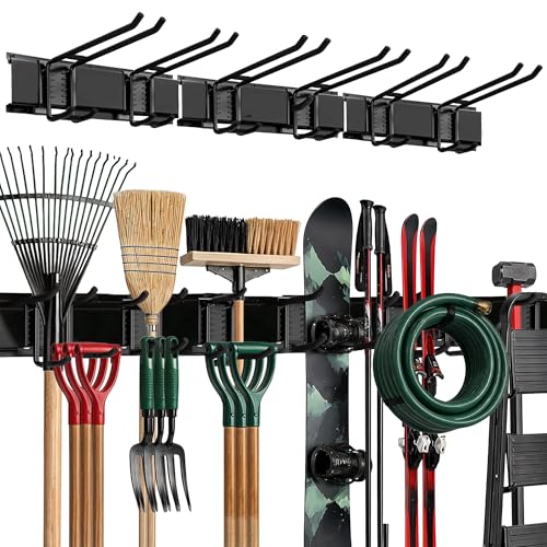 Garage Wall Organizer, Shovel Holder Wall Mount, 48" Double Hooks | 300 lbs, adjustable double-layer tool hangers for garage wall, holds ladders, shovels, rakes, hoses & power tools