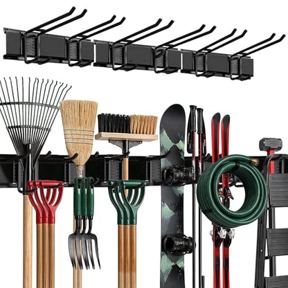 Garage Wall Organizer, Shovel Holder Wall Mount, 48" Double Hooks | 300 lbs, adjustable double-layer tool hangers for garage wall, holds ladders, shovels, rakes, hoses & power tools