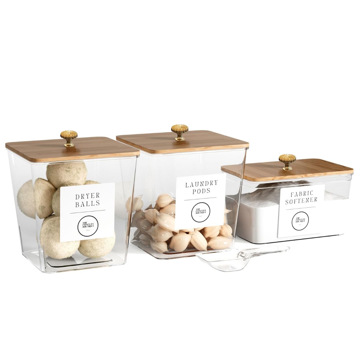 3 Pack Acrylic Laundry Room Organization Containers with Gold & Wood Knobs – Laundry Pods Container & Detergent Organizer Set | Clear Laundry Jars | Scoops & Customizable Labels | Storage Canisters