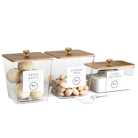 3 Pack Acrylic Laundry Room Organization Containers with Gold & Wood Knobs – Laundry Pods Container & Detergent Organizer Set | Clear Laundry Jars | Scoops & Customizable Labels | Storage Canisters