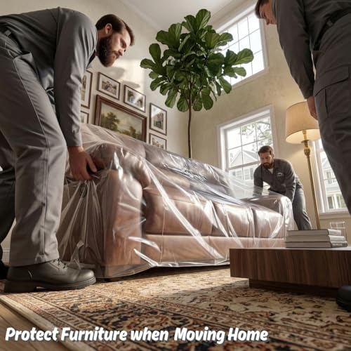 Wowfit 4mil Couch Cover for Moving, Clear Sofa Storage Bag, 92Wx42Dx62/41H | With Tape Strips & Labels, Heavy Duty, Tear-Resistant, Waterproof, Reusable, Oversized/3-Seat Sofa, Long-Term Garage Storage