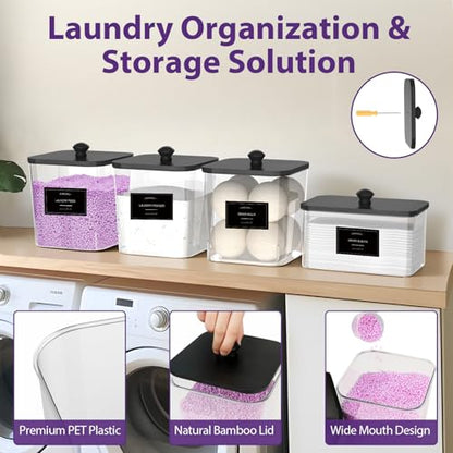 3+1 Pack Clear Laundry Pods Container & Dryer Sheet Holder Black Lid | Laundry Organization, Square Design, 2 Scoops & 12 Labels, For Detergent Powder, Laundry Pods, Dryer Sheets, Dryer Balls