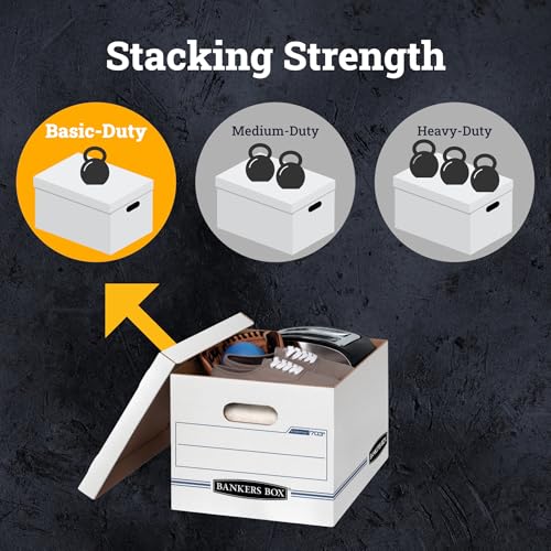 Bankers Box 4-Pack Basic-Duty File Storage Box with Lid, Letter/Legal | Tame everyday paperwork with affordable file boxes, lift-off lids, and reinforced handles for simple record storage.