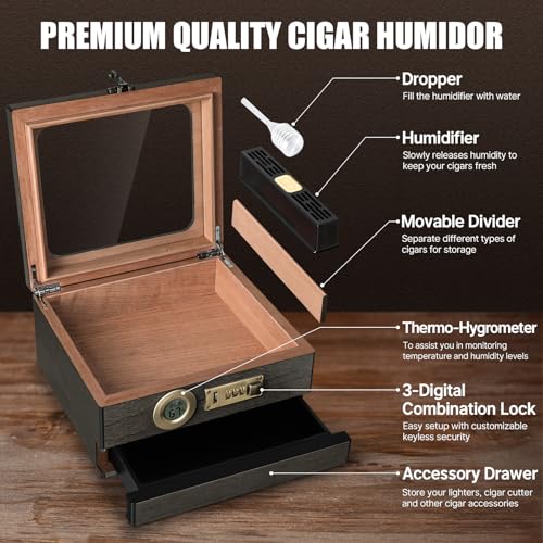 Tesonway Cigar Humidor,Cedar Wood Humidor Cigar Box,Glass Top Desktop Humidor with Digital Thermo-Hygrometer, Humidifier, Divider, Accessories Drawer and Combination Lock,Cigar Gift for Men