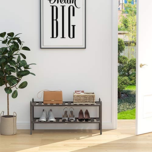 Bamboo 2-Tier Shoe Rack Stackable Shelf Storage Organizer for Entryway, Hallway and Closet, 27.2"x11"x13.2" (Mocha)