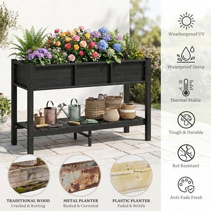 YITAHOME 48x18x30in Raised Garden Bed HDPE, Weather-Resistant Poly Lumber Planter Box with Legs & Storage Shelf, Elevated Garden Bed for Yard, Garden, Balcony - Black