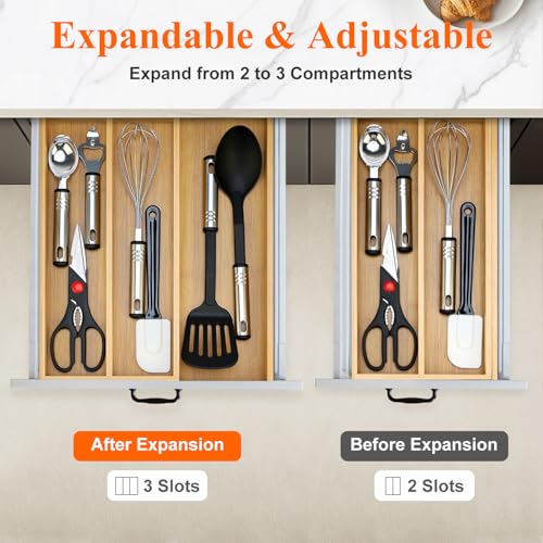 Large Bamboo Kitchen Utensil Drawer Organizer Expandable Silverware Tray | Big Cooking Utensil Drawer Divider Spoon Flatware Organizer Storage Adjustable Wooden Cutlery Holder Tool Knife Spatula Tray