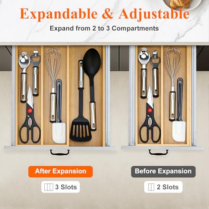 Large Bamboo Kitchen Utensil Drawer Organizer Expandable Silverware Tray | Big Cooking Utensil Drawer Divider Spoon Flatware Organizer Storage Adjustable Wooden Cutlery Holder Tool Knife Spatula Tray