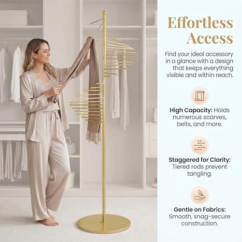 67" Freestanding Spiral Scarf Organizer - 30 Rods Metal Holder, Space Saving Hijab/Belt/Pants Rack for Closet, Clothing Store & Home