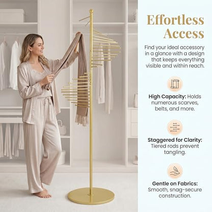 67" Freestanding Spiral Scarf Organizer - 30 Rods Metal Holder, Space Saving Hijab/Belt/Pants Rack for Closet, Clothing Store & Home