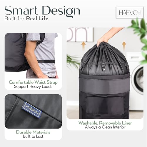 HAEVON Heavy Duty Laundry Backpack, Black | Padded Straps, Removable Liner
